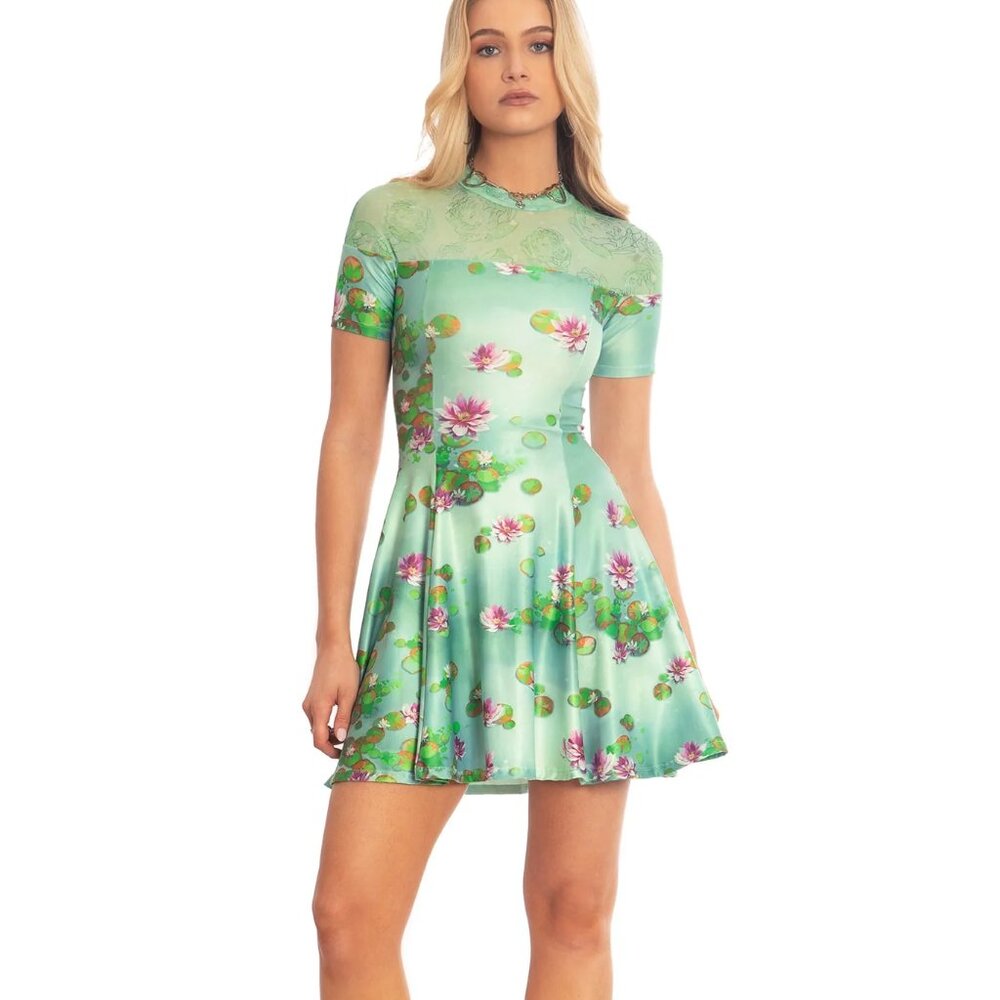 BlackMilk Sanity Check Sheer Splice Dress Fit Flare floral water lily zs S New - Picture 10 of 14